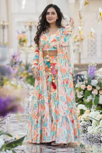 Digital print heavy chinon shrug sharara suit