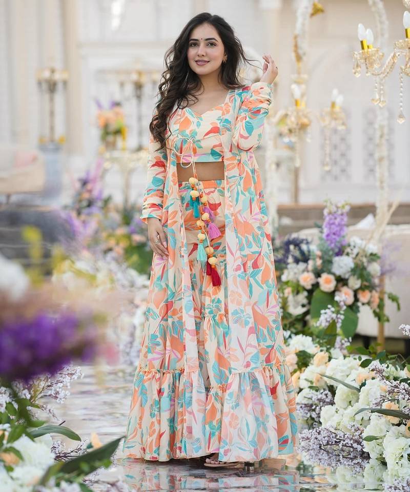 Digital print heavy chinon shrug sharara suit
