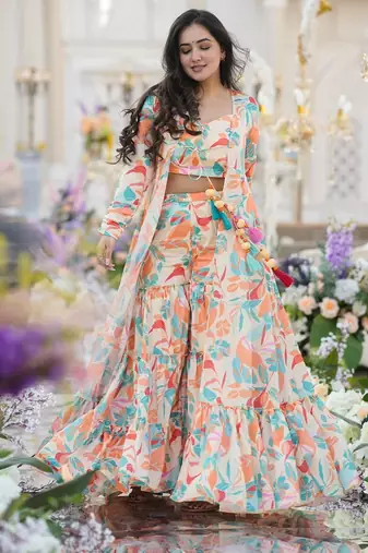 Digital print heavy chinon shrug sharara suit