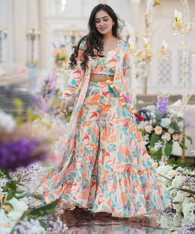 Digital print heavy chinon shrug sharara suit