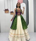 Green Color Bandhej Print Gamathi and Real Mirror Work Silk Blend Navratri Lahenga Choli