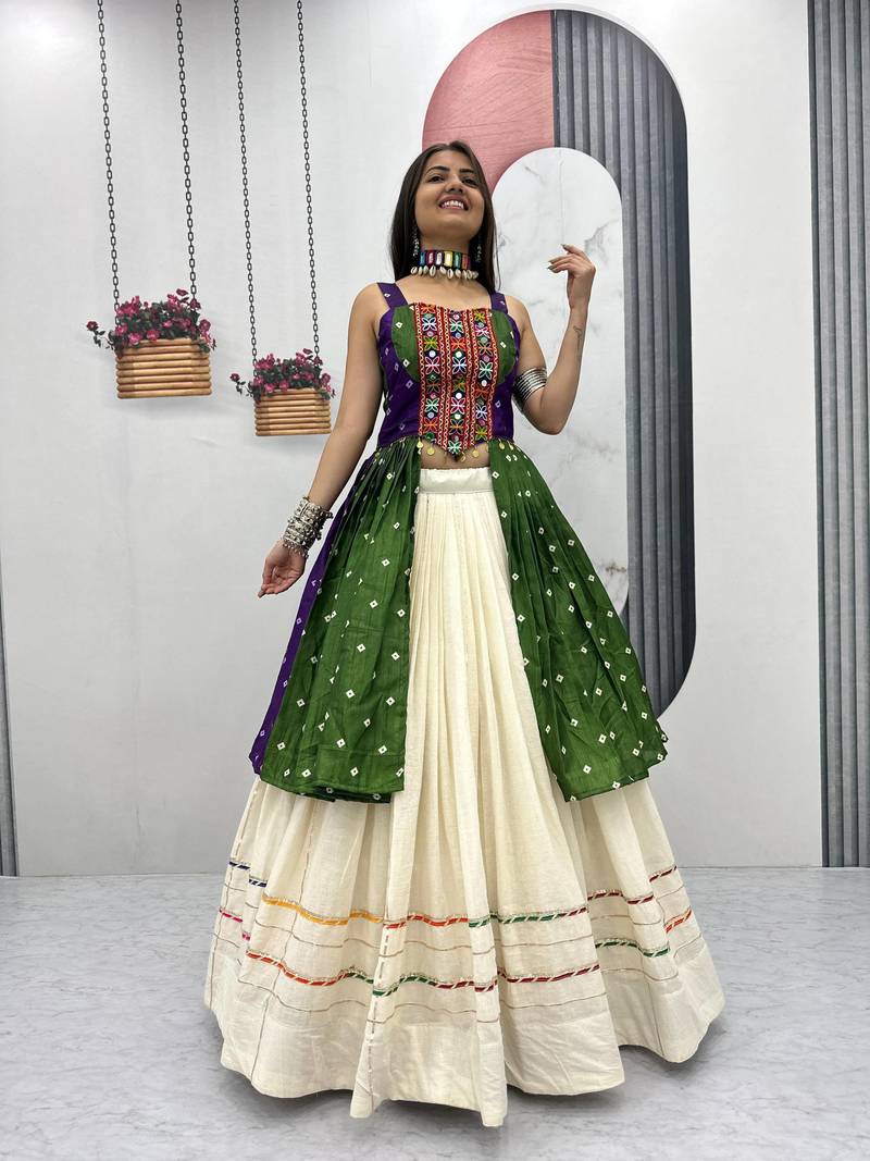 Green Color Bandhej Print Gamathi and Real Mirror Work Silk Blend Navratri Lahenga Choli