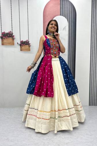 Rani Pink Bandhej Print Gamathi and Mirror Work Silk Blend Navratri Lahenga Choli
