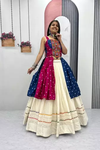 Rani Pink Bandhej Print Gamathi and Mirror Work Silk Blend Navratri Lahenga Choli
