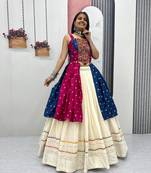 Rani Pink Bandhej Print Gamathi and Mirror Work Silk Blend Navratri Lahenga Choli