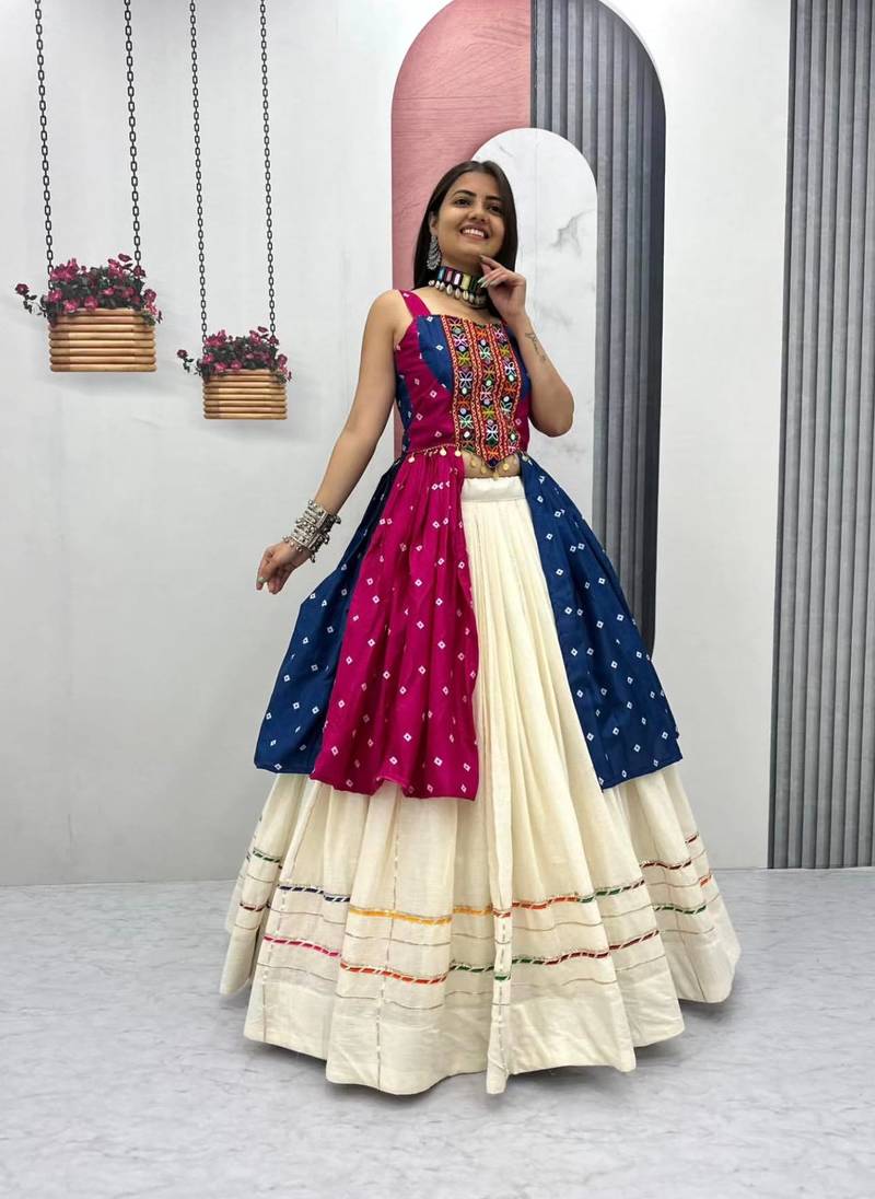 Rani Pink Bandhej Print Gamathi and Mirror Work Silk Blend Navratri Lahenga Choli