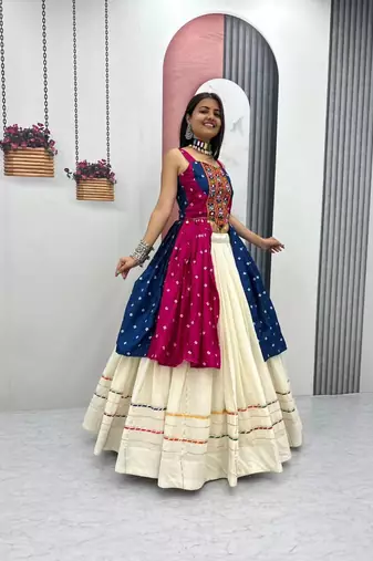 Rani Pink Bandhej Print Gamathi and Mirror Work Silk Blend Navratri Lahenga Choli