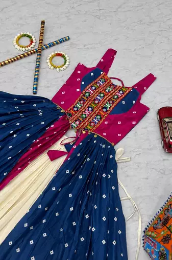 Rani Pink Bandhej Print Gamathi and Mirror Work Silk Blend Navratri Lahenga Choli