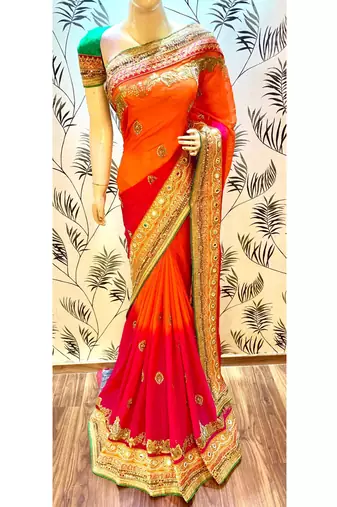 Pure georgette wedding wear saree in red & orange with embroidery work & crystal stone work