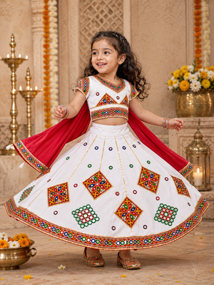 White kutch work embroidered cotton mirrorwork chaniya choli set with dupatta 1