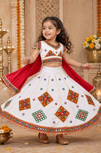 White kutch work embroidered cotton mirrorwork chaniya choli set with dupatta