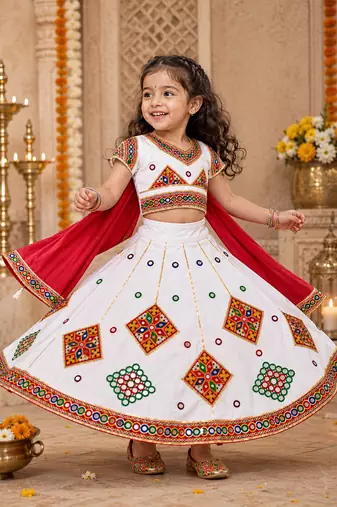 White kutch work embroidered cotton mirrorwork chaniya choli set with dupatta