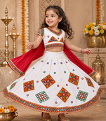 White kutch work embroidered cotton mirrorwork chaniya choli set with dupatta