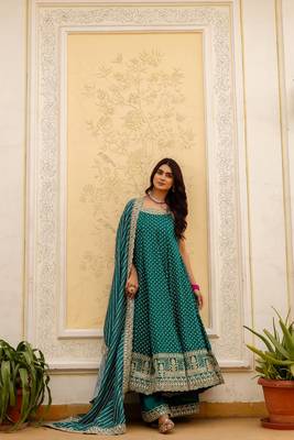 teal color embroidered and mirror work silk blend salwar suit  1