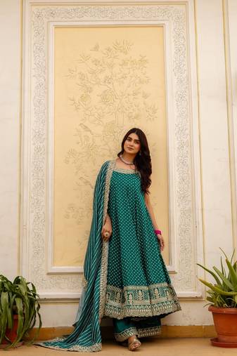 teal color embroidered and mirror work silk blend salwar suit 