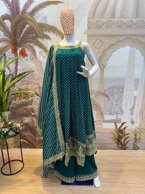 teal color embroidered and mirror work silk blend salwar suit  4