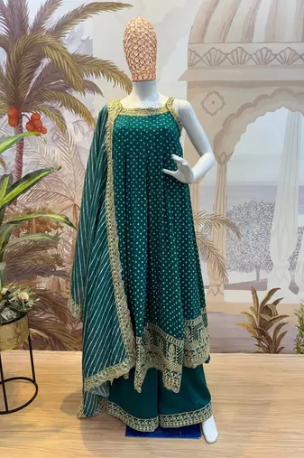 teal color embroidered and mirror work silk blend salwar suit 