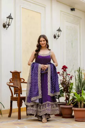 purple Color Embroidered and Mirror Work Silk Blend Salwar Suit 