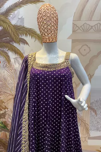 purple Color Embroidered and Mirror Work Silk Blend Salwar Suit 