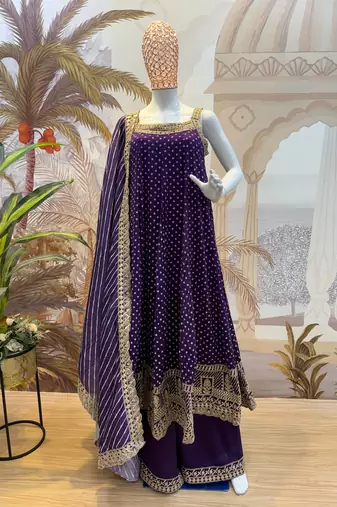 purple Color Embroidered and Mirror Work Silk Blend Salwar Suit 