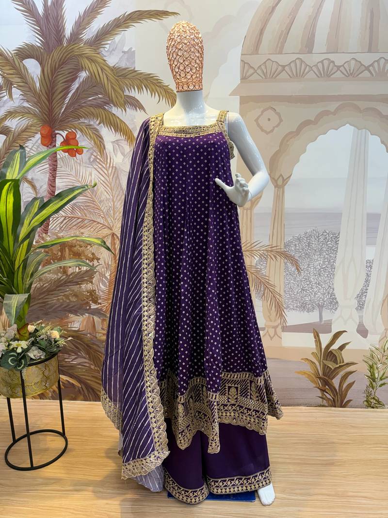 purple Color Embroidered and Mirror Work Silk Blend Salwar Suit 