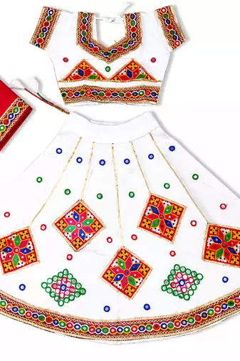White kutch work embroidered cotton mirrorwork chaniya choli set with dupatta