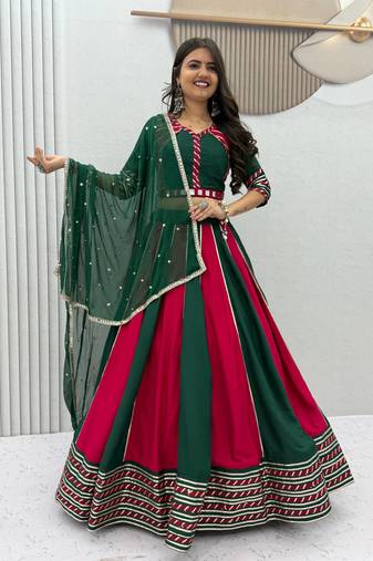 Dark Green Color Real Hand Work Cotton Navratri Lahenga Choli Set