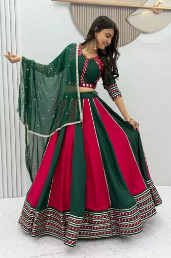 Dark Green Color Real Hand Work Cotton Navratri Lahenga Choli Set