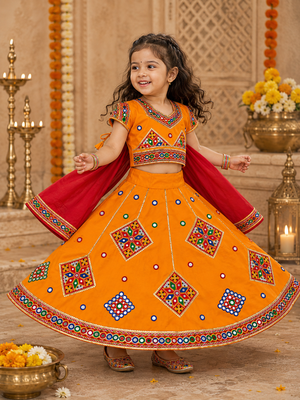 Yellow kutch work embroidered cotton mirrorwork chaniya choli set with dupatta 1