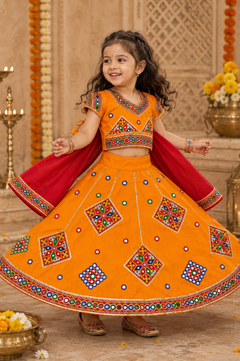 yellow kutch embroidered mirrorwork girls chaniya choli