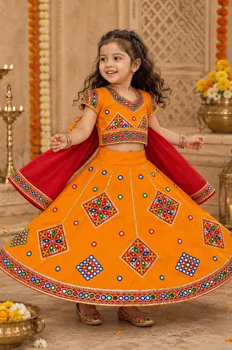 Yellow kutch work embroidered cotton mirrorwork chaniya choli set with dupatta