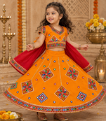 Yellow kutch work embroidered cotton mirrorwork chaniya choli set with dupatta