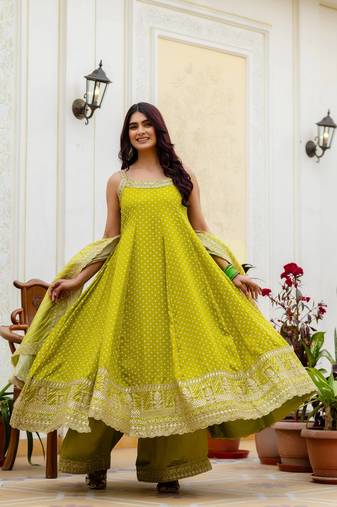 olive color embroidered and mirror work silk blend salwar suit 