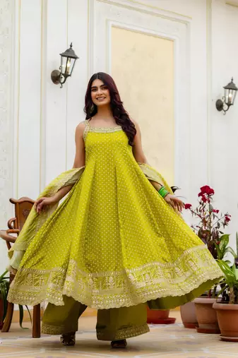 olive color embroidered and mirror work silk blend salwar suit 