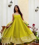 olive color embroidered and mirror work silk blend salwar suit 