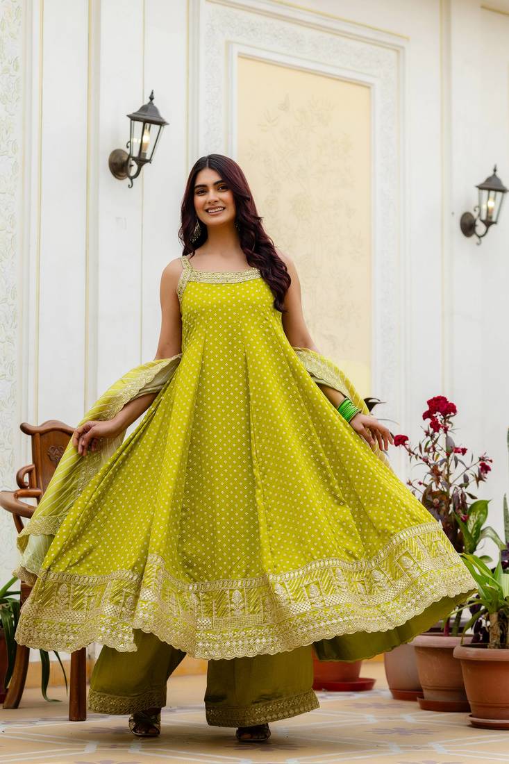 olive color embroidered and mirror work silk blend salwar suit 
