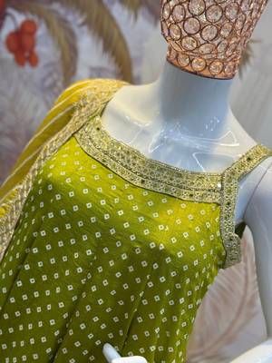 olive color embroidered and mirror work silk blend salwar suit  3