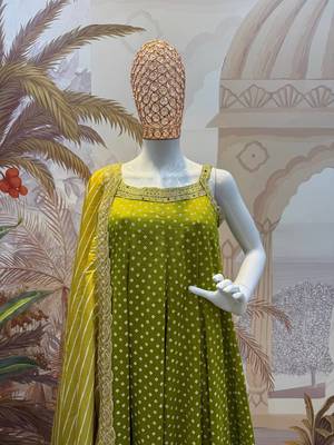 olive color embroidered and mirror work silk blend salwar suit  4