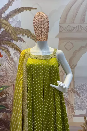 olive color embroidered and mirror work silk blend salwar suit 