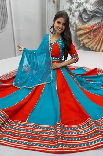  Teal Hand Work Cotton Navratri Lahenga Choli Set