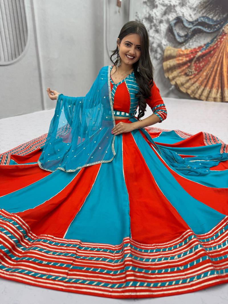  Teal Hand Work Cotton Navratri Lahenga Choli Set