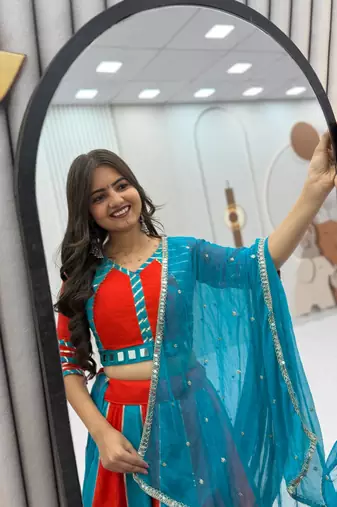  Teal Hand Work Cotton Navratri Lahenga Choli Set