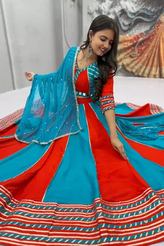  Teal Hand Work Cotton Navratri Lahenga Choli Set