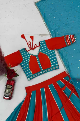  Teal Hand Work Cotton Navratri Lahenga Choli Set