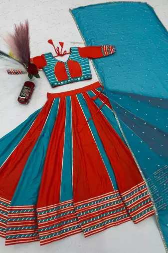  Teal Hand Work Cotton Navratri Lahenga Choli Set