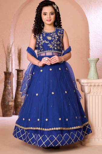 Royal blue embroidered net a line lehenga choli dupatta