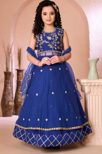 Royal blue embroidered net a line lehenga choli dupatta