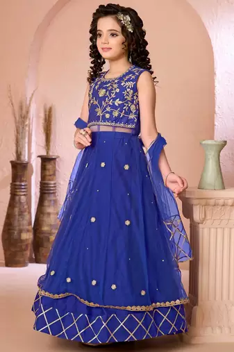 Royal blue embroidered net a line lehenga choli dupatta