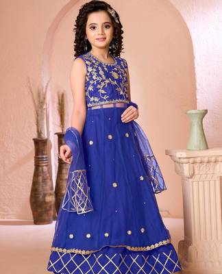 Royal blue embroidered net a line lehenga choli dupatta 3