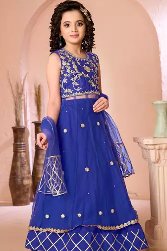 Royal blue embroidered net a line lehenga choli dupatta